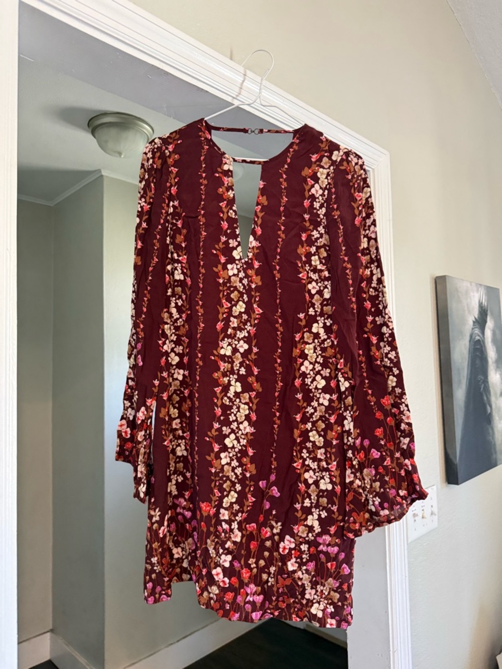 Kimchi Blue Boho Floral Tunic Dress in Burgundy with Pink & Cream Accents XS